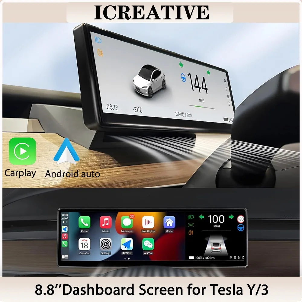 Head Up Display for Tesla Model 3, Model Y - 8.8-inch Smart Dashboard Touch Screen: Supports Wireless CarPlay and Android Auto