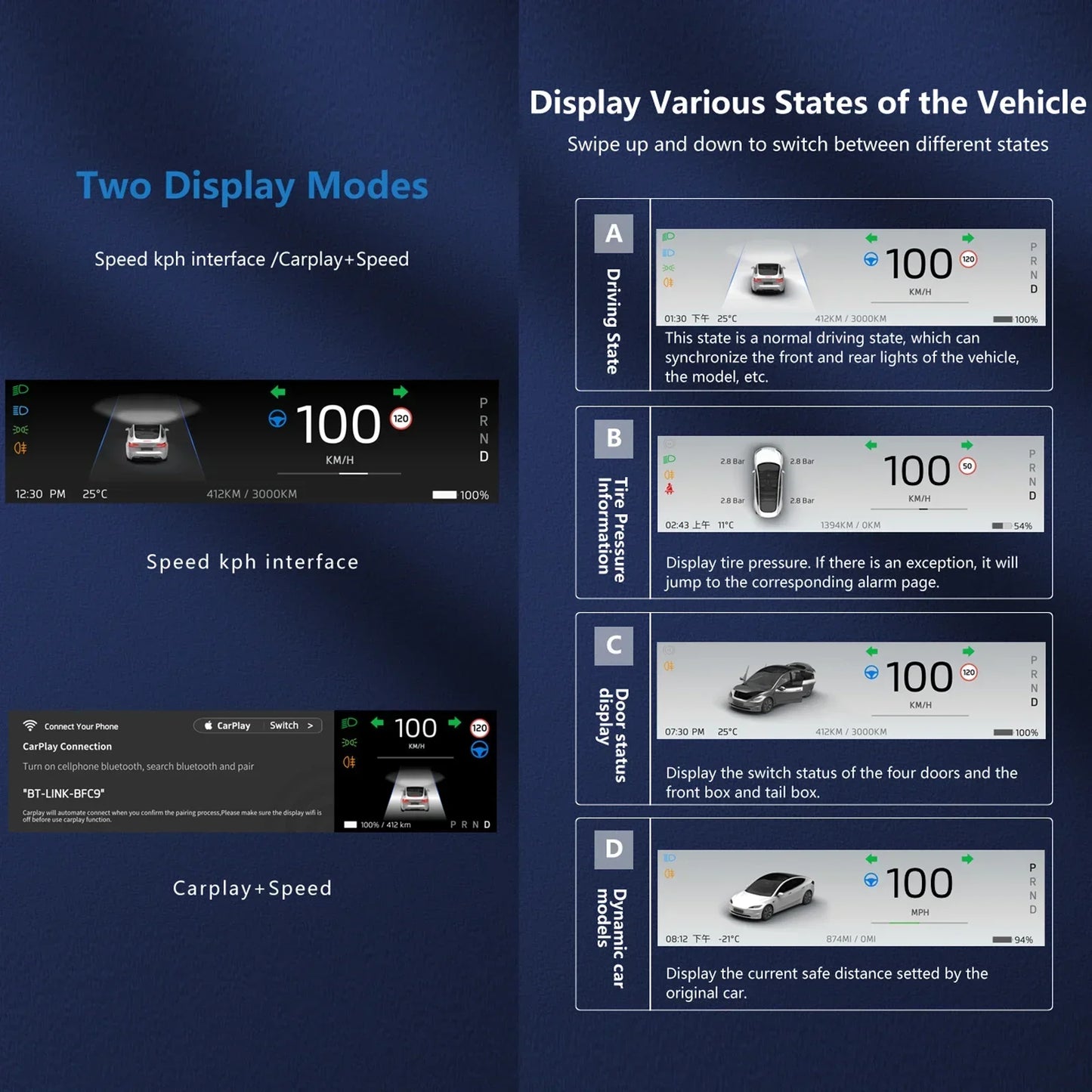 Head Up Display for Tesla Model 3, Model Y - 8.8-inch Smart Dashboard Touch Screen: Supports Wireless CarPlay and Android Auto