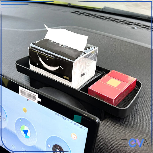 BYD Atto 1 rear screen storage tray shown installed, keeping tissues and small items neatly organised while driving from EEVA Store Australia.