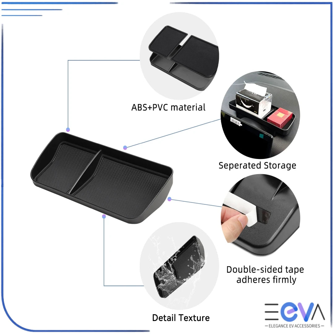 BYD Atto 1 screen rear storage tray features diagram showing divided sections, material finish and secure mounting from EEVA Store Australia.
