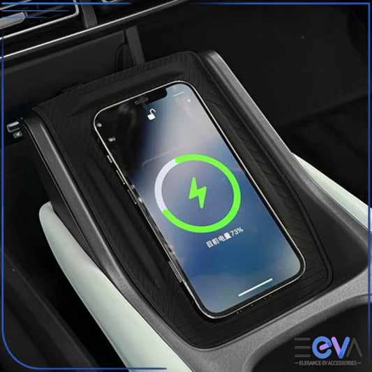 BYD Atto 1 wireless charging pad cover with phone charging in the centre console, highlighting stable grip and everyday driving use from EEVA Store Australia.