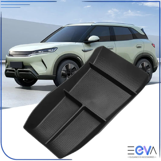 BYD Atto 2 centre console lower storage box shown with vehicle, designed to fit neatly and maximise unused console space from EEVA Store Australia.