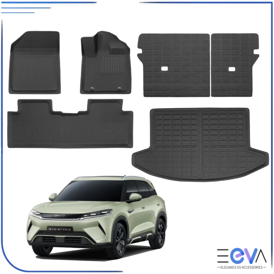 BYD Atto 2 XPE floor mats and boot liner shown together for four-piece cabin and cargo protection from EEVA Store Australia.