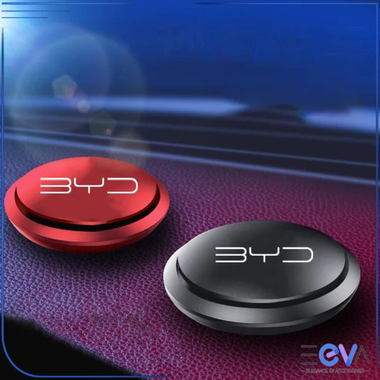 BYD car air freshener shown in red and black colour options on dashboard surface from EEVA Store Australia.