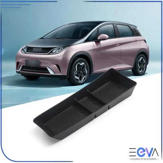 BYD Dolphin armrest organiser tray displayed with vehicle interior, designed for neat storage and easy access from EEVA Store Australia.