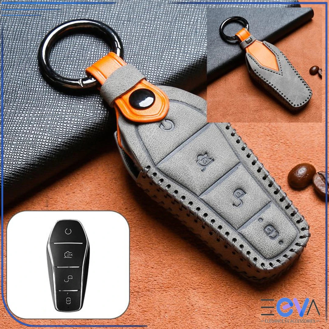 BYD vehicles grey genuine leather key cover case with reinforced stitching and metal keyring, detailed close-up view from EEVA Store Australia.