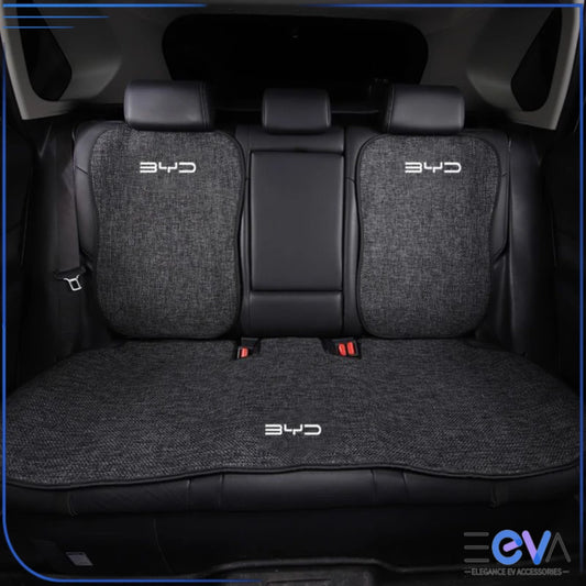 BYD rear seat linen covers in dark grey with BYD logo – durable, custom-fit protection for all seasons from EEVA Store