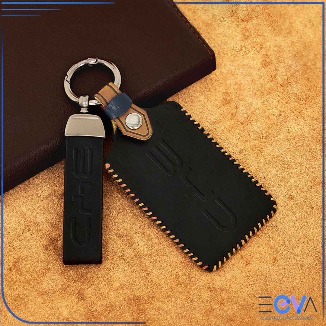 Black genuine leather NFC card key cover with strap for BYD from EEVA Store