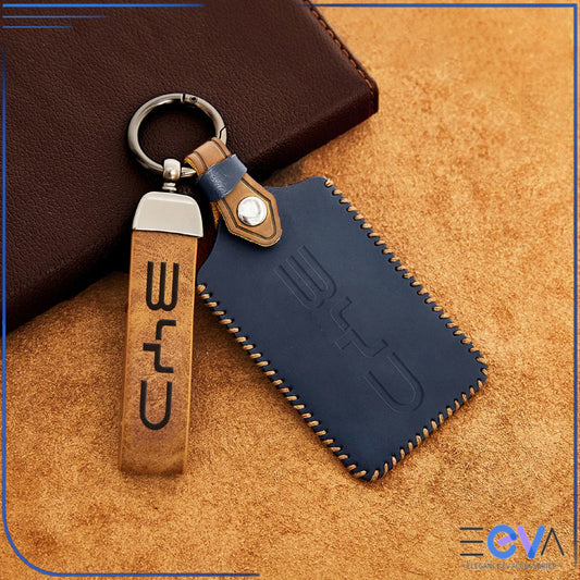 Blue genuine leather NFC card key cover with strap for BYD from EEVA Store