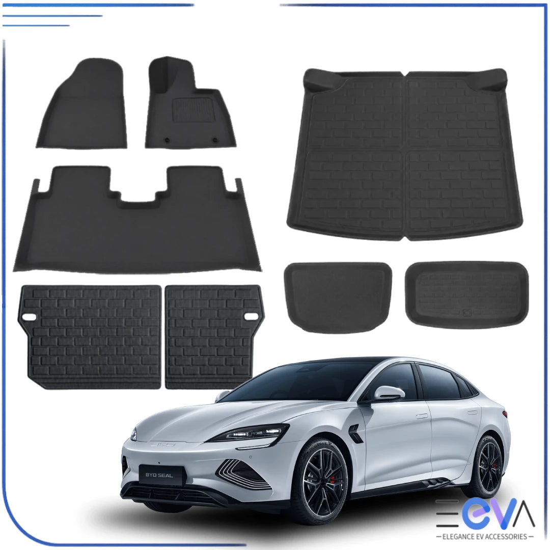 BYD Seal XPE floor mats and boot liner shown together for cabin and cargo protection from EEVA Store Australia.
