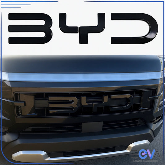 BYD Shark 6 front grille with gloss black emblem overlay installed for aggressive styling upgrade from EEVA Store Australia.