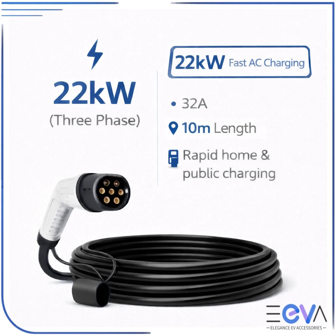Type 2 to Type 2 EV charging cable in the 22kW three-phase 10m option from EEVA Store Australia.