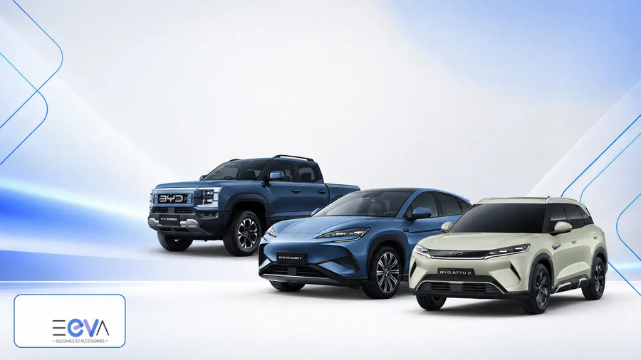 BYD Shark 6, Sealion 7 and Atto 2 in an accessories guide banner from EEVA Store Australia.