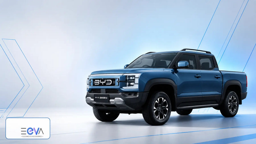BYD Shark 6 accessories guide banner with a blue pickup from EEVA Store Australia.