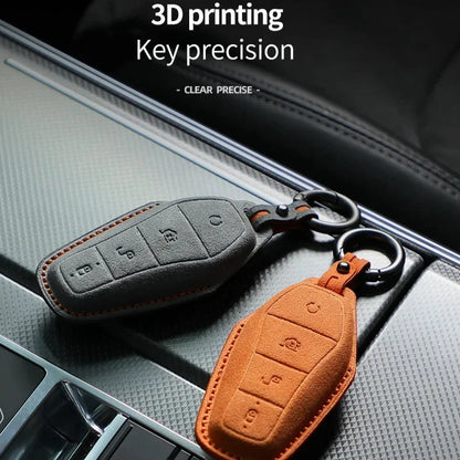 Suede Leather Car Key Case with Keychain for BYD - Stylish & Protective Key Cover