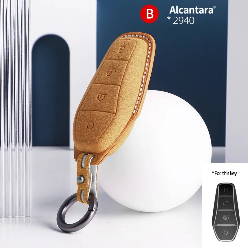 Suede Leather Car Key Case with Keychain for BYD - Stylish & Protective Key Cover