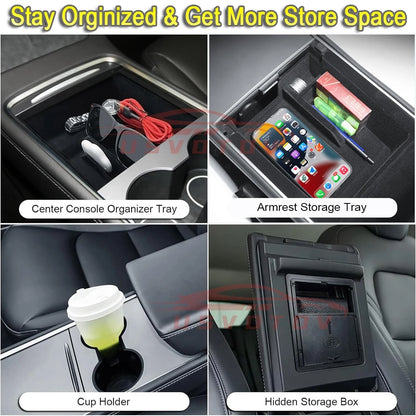 Tesla Model 3 Model Y & Highland 2024 Center Console & Under Seat Storage Trays - Organiser Accessories with Cup Holder