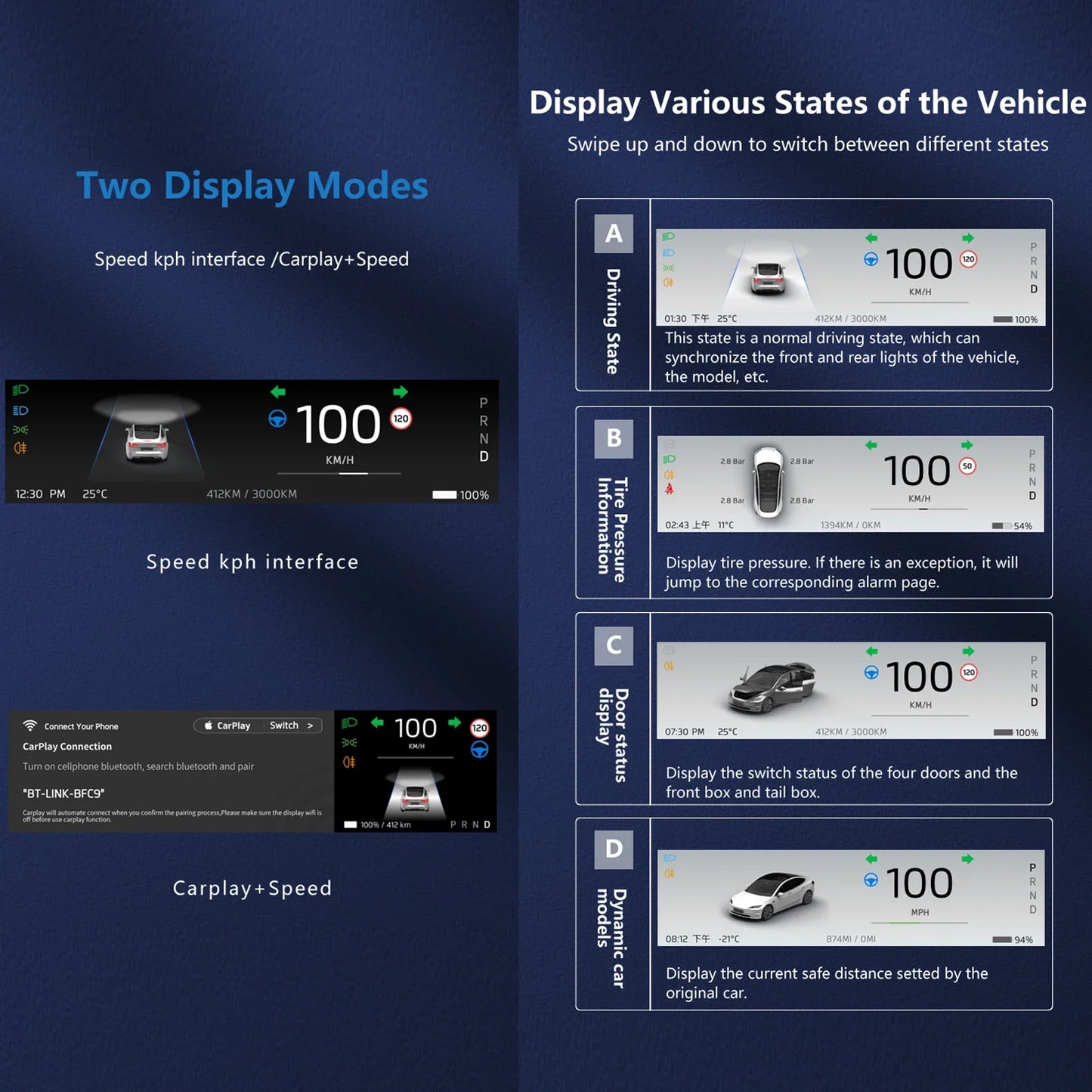 Tesla Model 3, Model Y 8.8-inch Smart Dashboard Touch Screen: Supports Wireless CarPlay and Android Auto