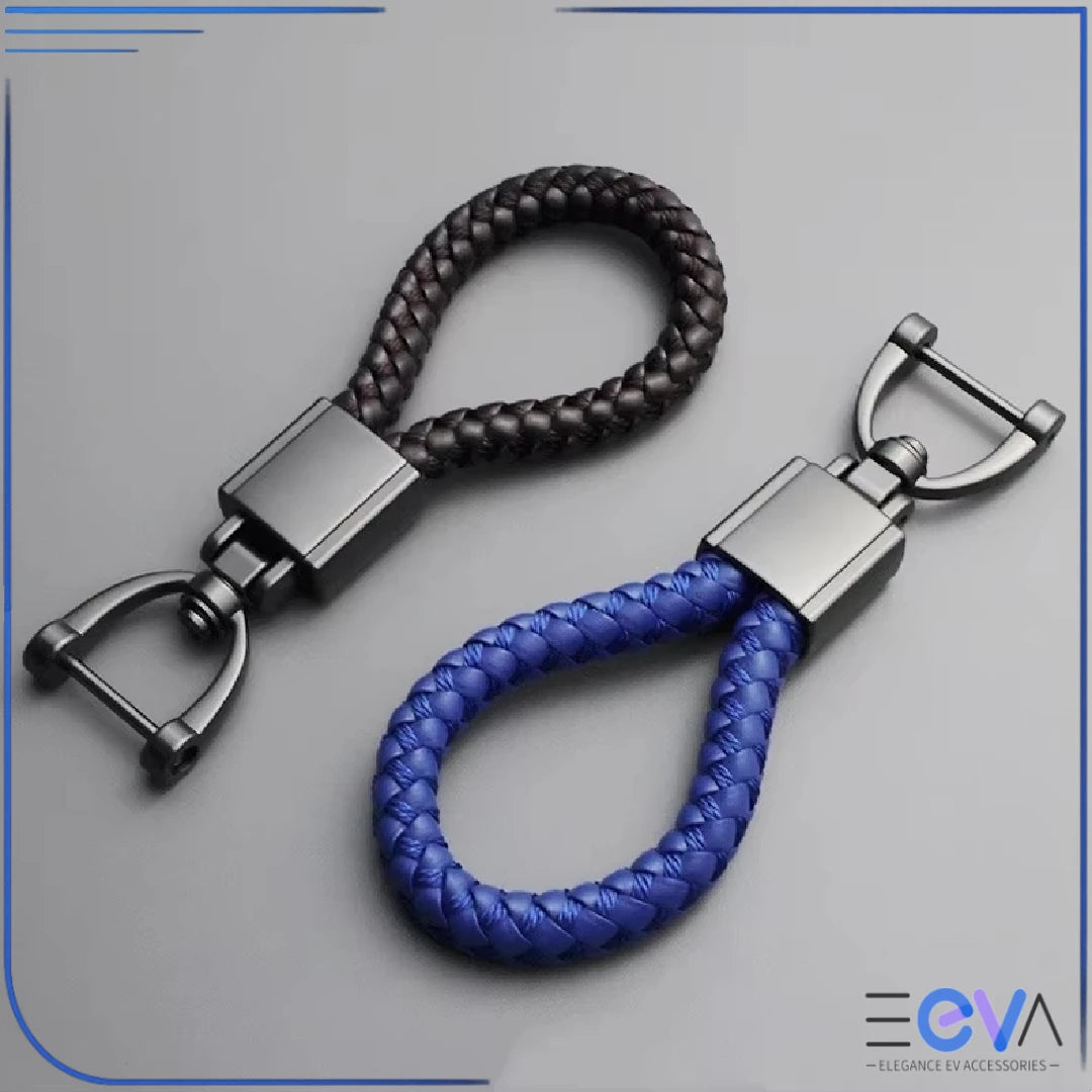 Braided Leather Loop Car Keychain in black and blue with clip buckle from EEVA Store Australia