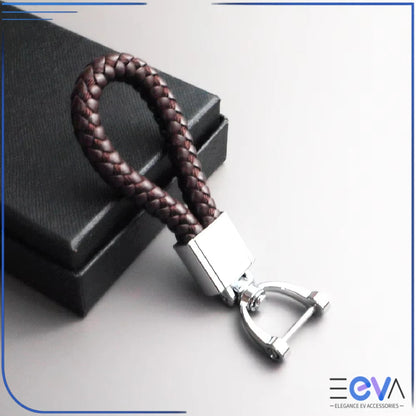 Braided Leather Loop Car Keychain in coffee with silver buckle finish from EEVA Store Australia
