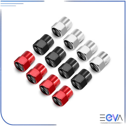 BYD aluminium valve stem caps showing hex styles in red black and silver from EEVA Store Australia.