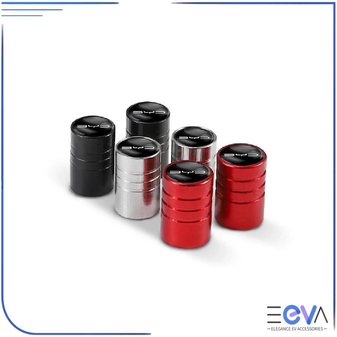 BYD aluminium valve stem caps showing round styles in red black and silver from EEVA Store Australia.