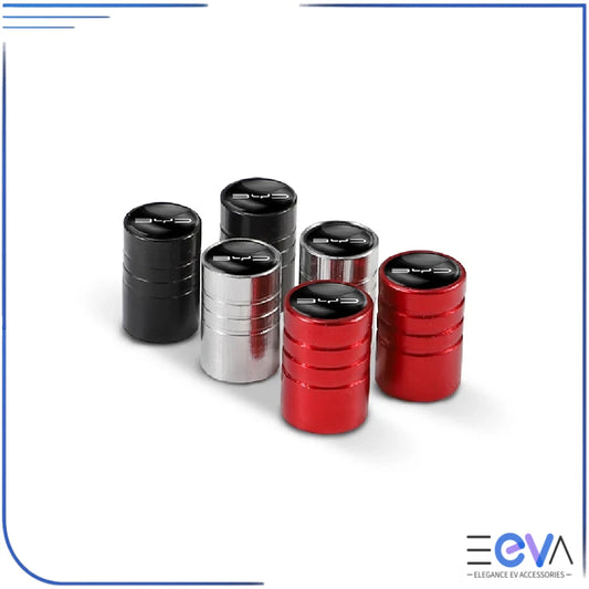 BYD aluminium valve stem caps showing round styles in red black and silver from EEVA Store Australia.