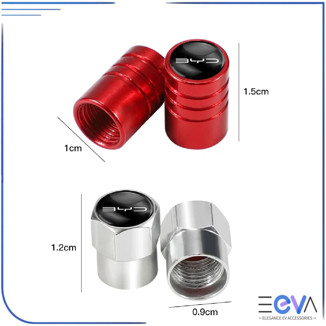 BYD aluminium valve stem caps size guide for round and hex styles from EEVA Store Australia.