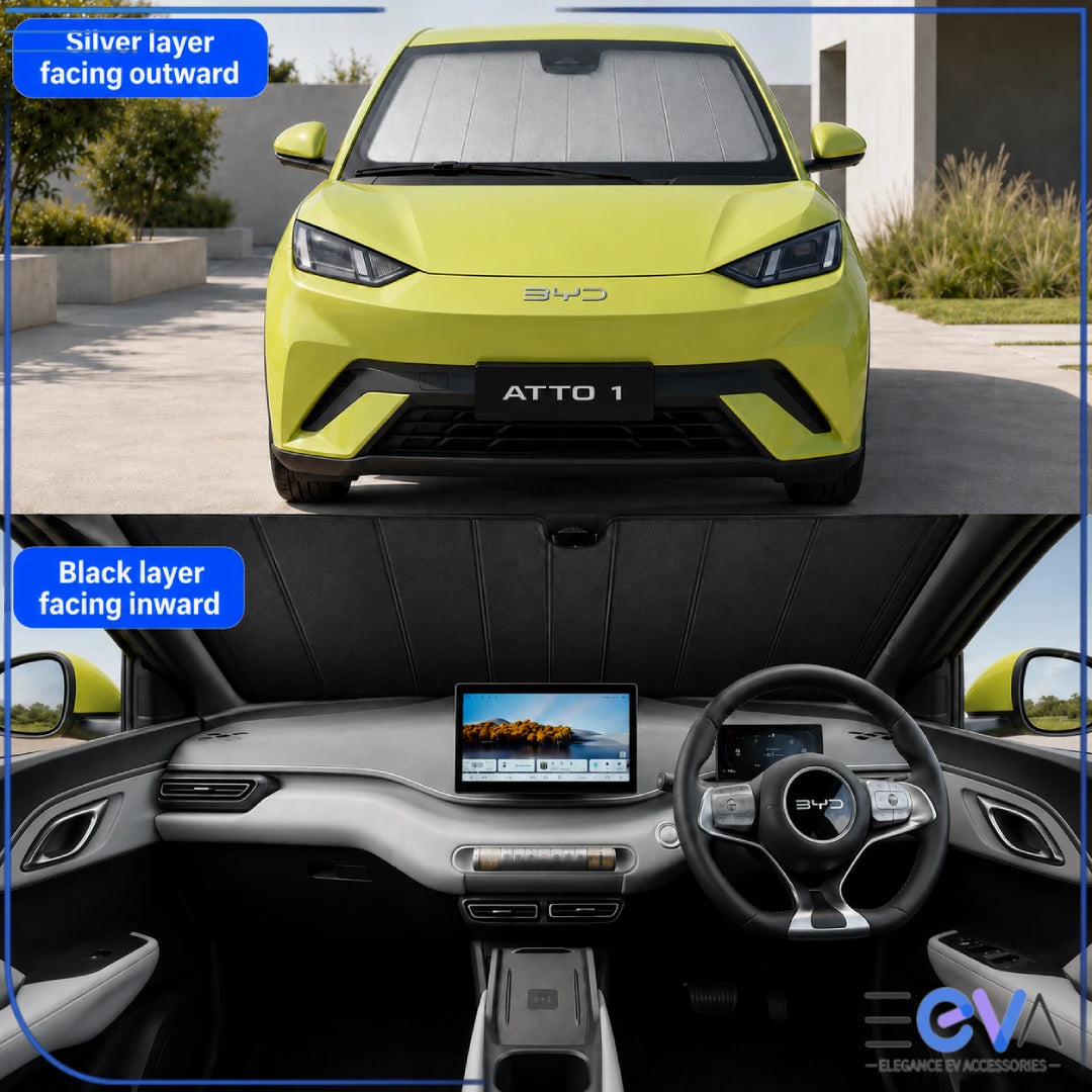 BYD Atto 1 windscreen sunshade showing the silver exterior side and black interior side from EEVA Store Australia