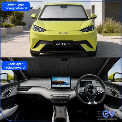BYD Atto 1 windscreen sunshade showing the silver exterior side and black interior side from EEVA Store Australia
