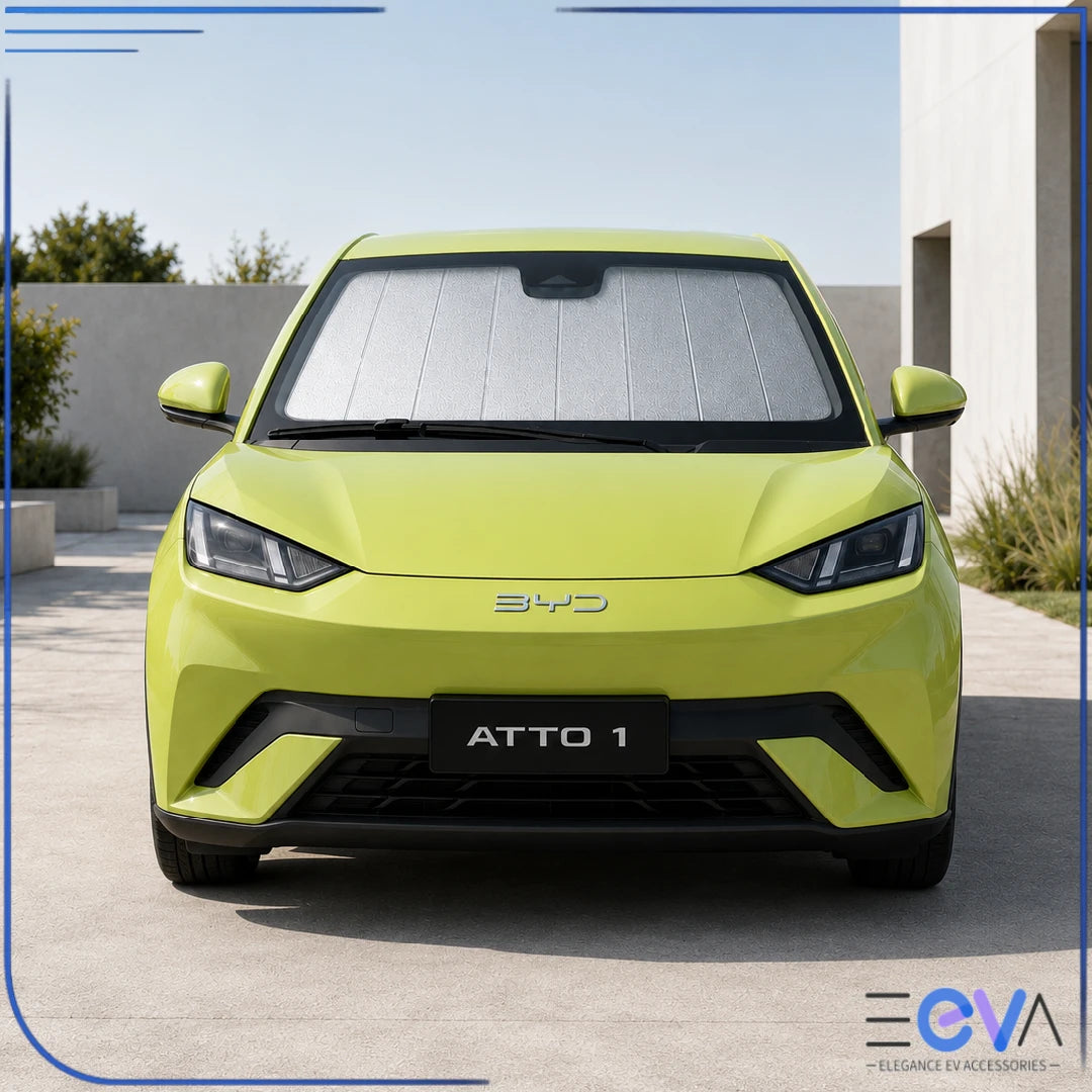 BYD Atto 1 windscreen sunshade installed for full front windscreen coverage from EEVA Store Australia