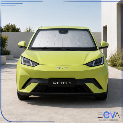 BYD Atto 1 windscreen sunshade installed for full front windscreen coverage from EEVA Store Australia