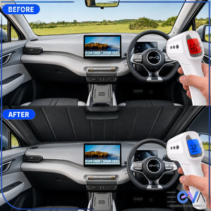 BYD Atto 1 windscreen sunshade before and after cabin temperature comparison from EEVA Store Australia
