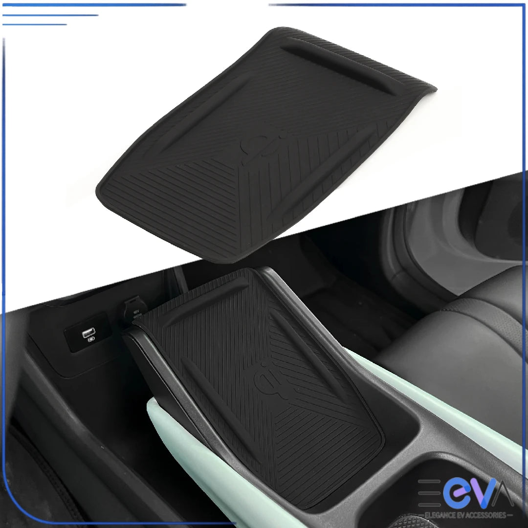 BYD Atto 1 wireless charging pad cover installed in the centre console, demonstrating precise fit and tidy integration with interior trim from EEVA Store Australia.