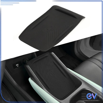 BYD Atto 1 wireless charging pad cover installed in the centre console, demonstrating precise fit and tidy integration with interior trim from EEVA Store Australia.