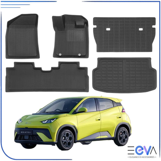 BYD Atto 1 XPE floor mats and boot liner full set shown together, offering complete interior and cargo protection from EEVA Store Australia.