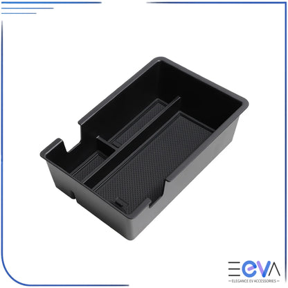 BYD Atto 2 armrest storage box displayed at an angled view showing deep compartments and non-slip inserts from EEVA Store Australia.