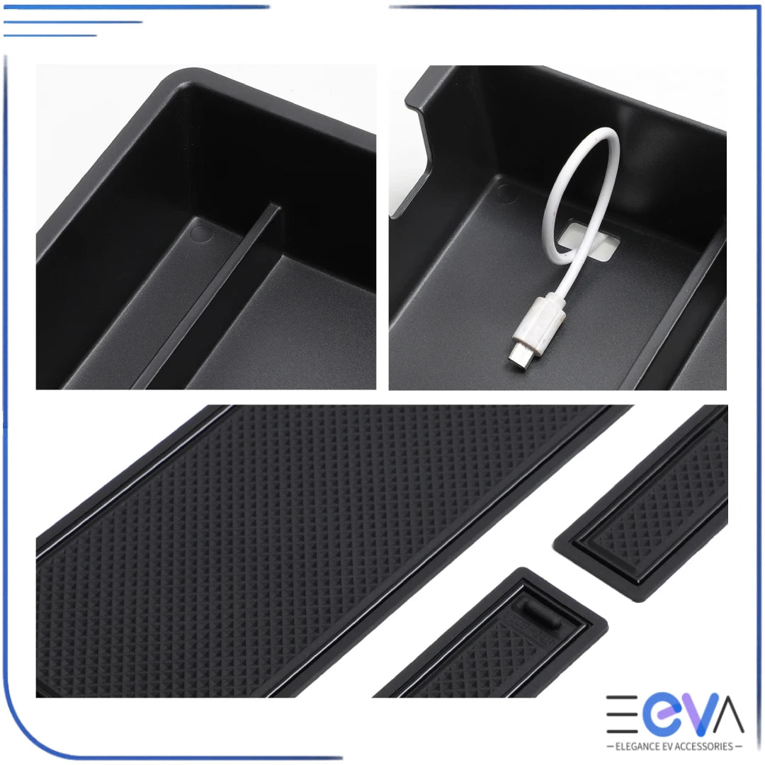 BYD Atto 2 storage box close-up highlighting cable passthrough and compartment dividers for cleaner organisation from EEVA Store Australia.