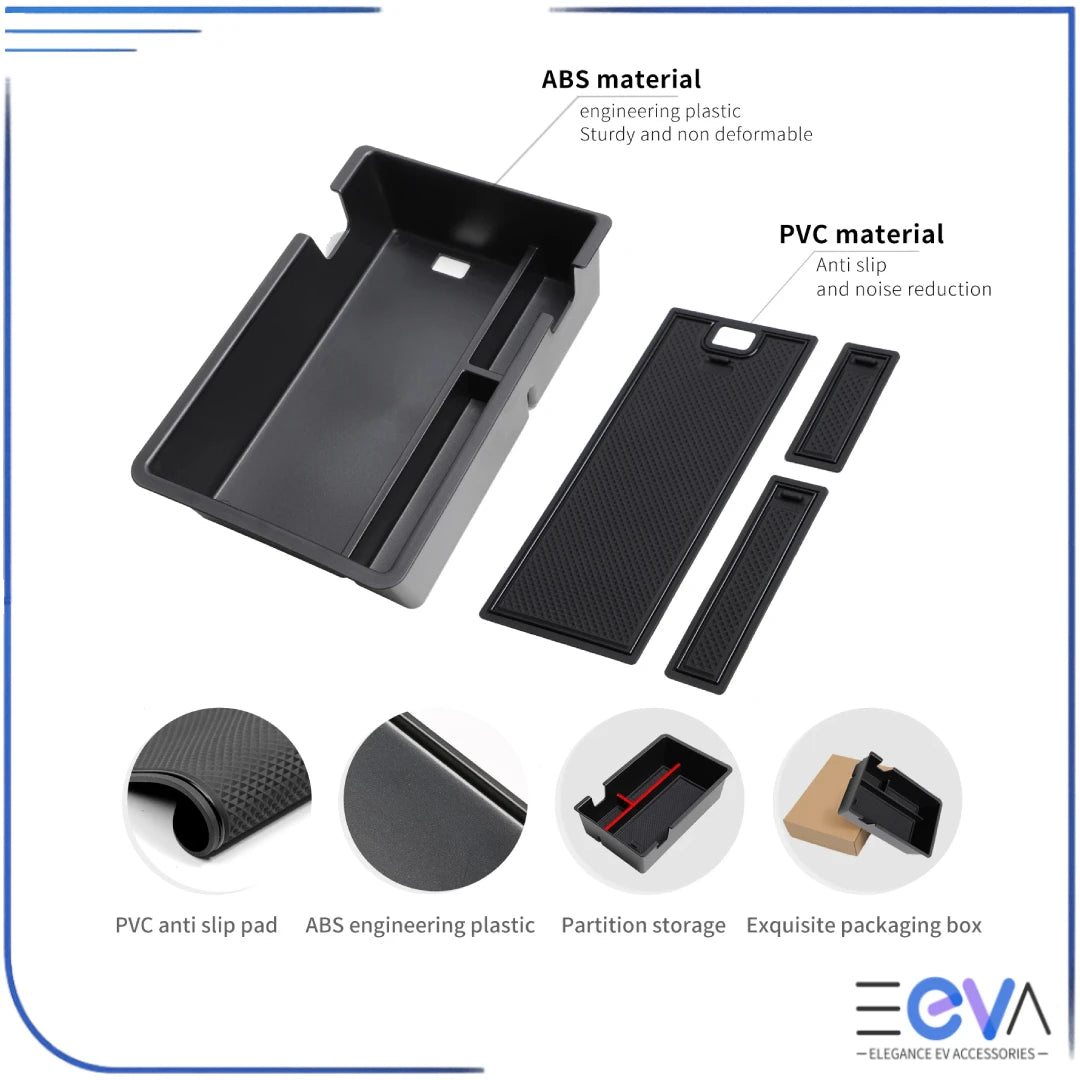 BYD Atto 2 armrest storage box shown with ABS and PVC components, featuring anti-slip pads and removable dividers from EEVA Store Australia.