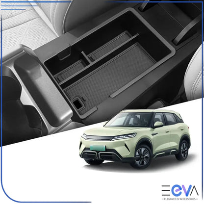 BYD Atto 2 armrest storage box installed in the centre console, adding organised space for everyday items from EEVA Store Australia.