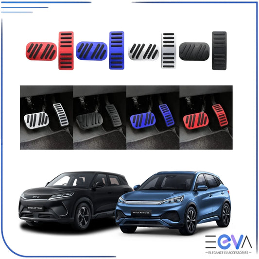 BYD Atto 2 and Atto 3 aluminium pedal covers colour options (black, blue, red, silver) from EEVA Store Australia