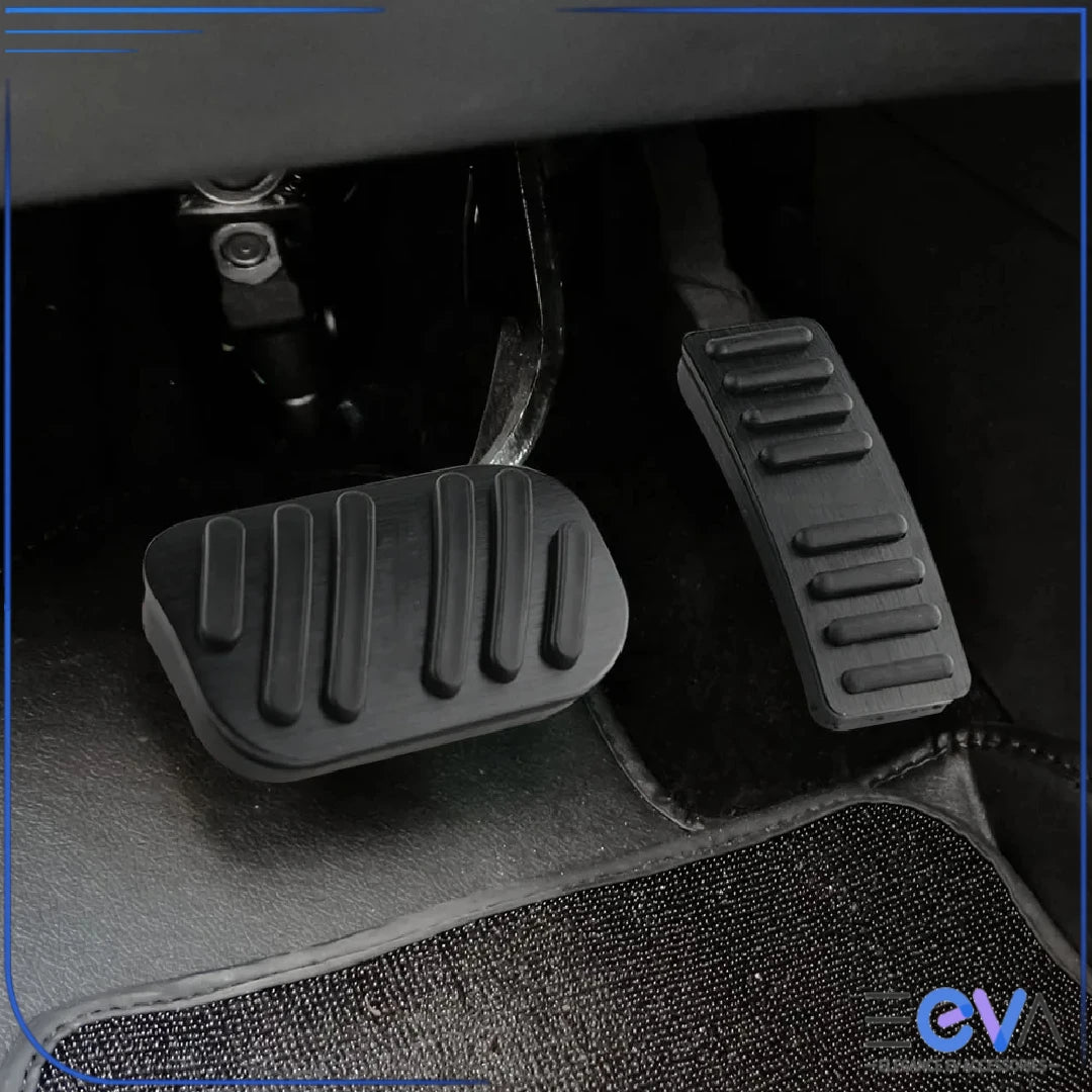 BYD Atto 2 and Atto 3 aluminium pedal covers in black installed on brake and accelerator from EEVA Store Australia