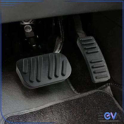 BYD Atto 2 and Atto 3 aluminium pedal covers in black installed on brake and accelerator from EEVA Store Australia