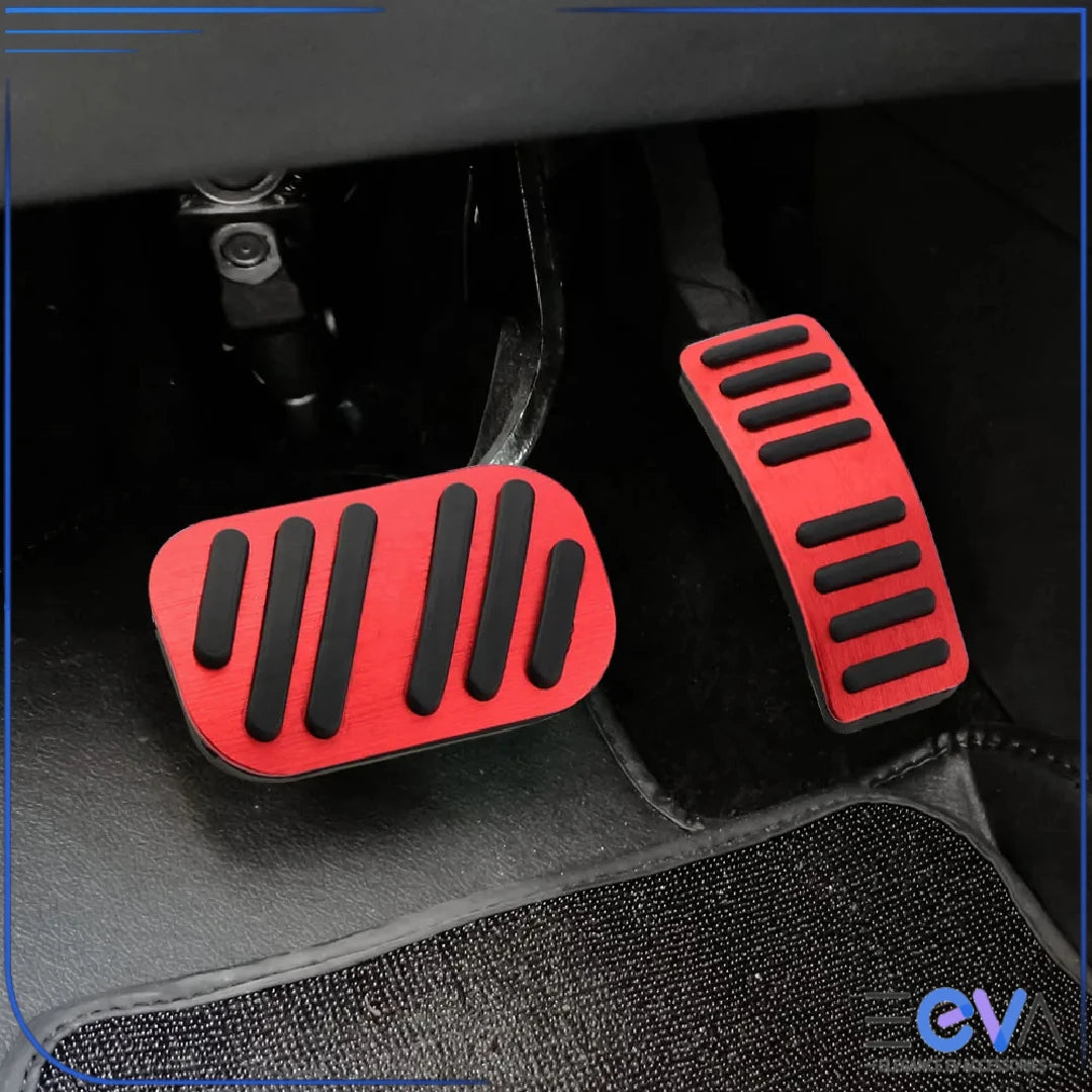 BYD Atto 2 and Atto 3 aluminium pedal covers in red installed on brake and accelerator from EEVA Store Australia