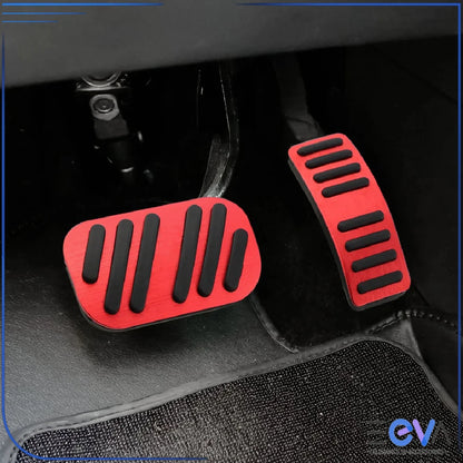BYD Atto 2 and Atto 3 aluminium pedal covers in red installed on brake and accelerator from EEVA Store Australia