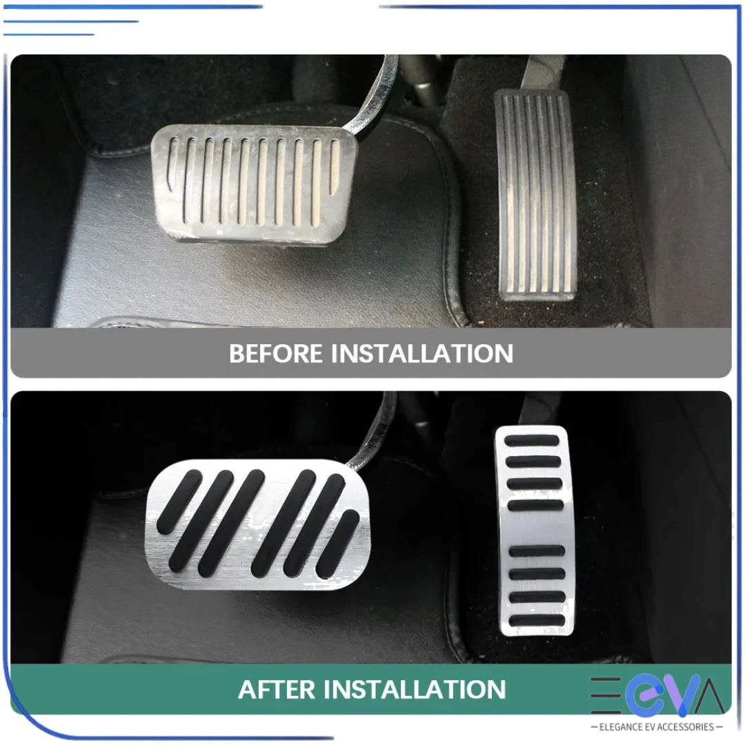 BYD Atto 2 and Atto 3 aluminium pedal covers in silver shown before and after installation from EEVA Store Australia