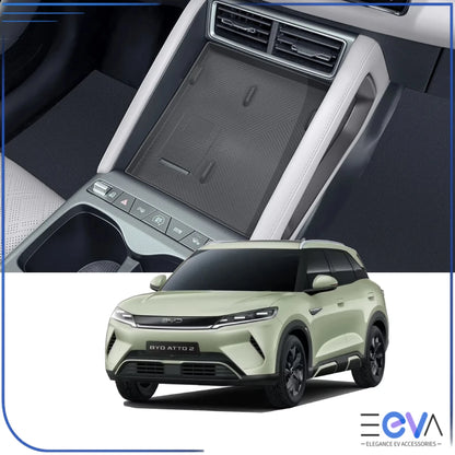 BYD Atto 2 wireless charging pad insert displayed with vehicle exterior and interior console for reference from EEVA Store Australia.