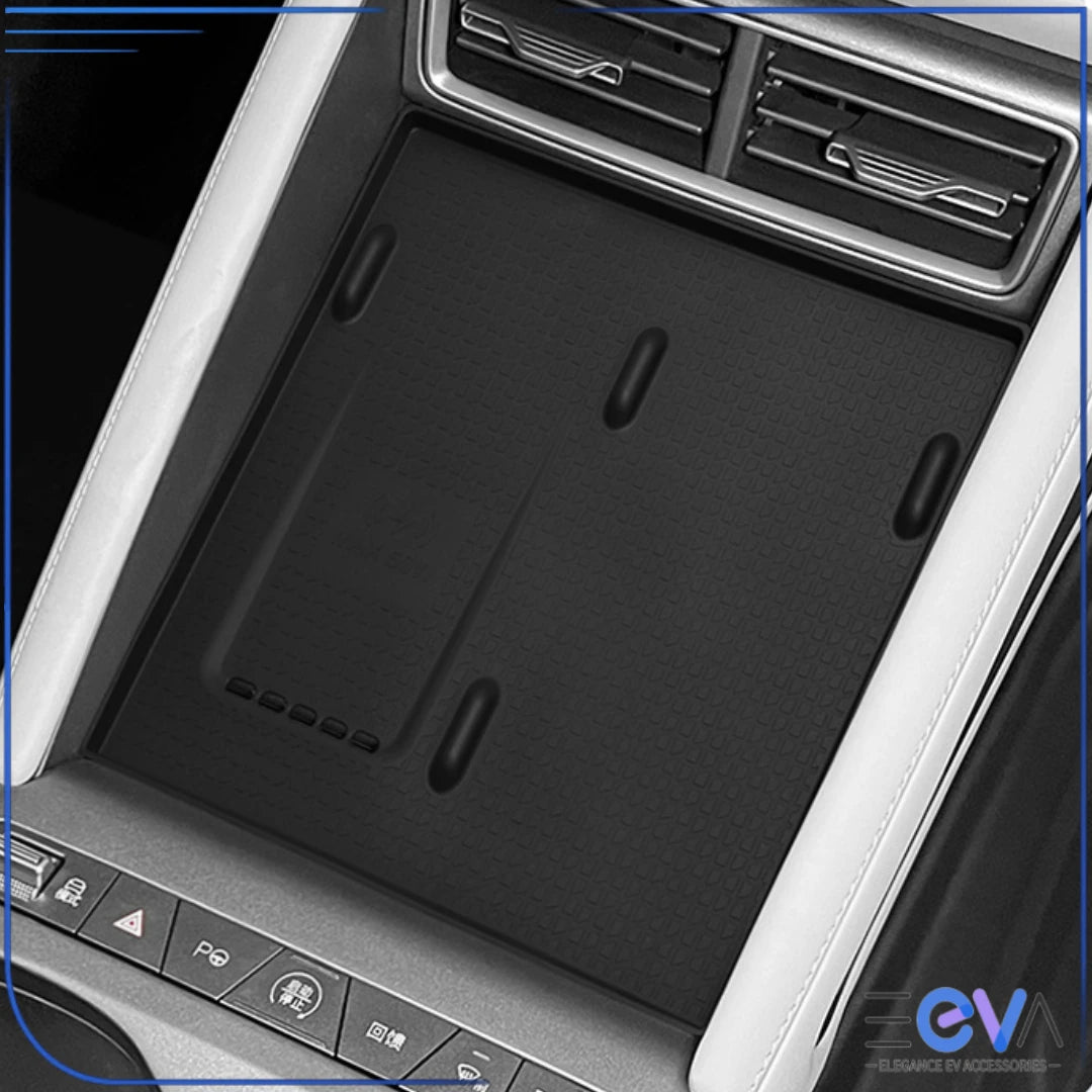 BYD Atto 2 silicone wireless charging pad insert shown installed on the console with anti-slip design from EEVA Store Australia.