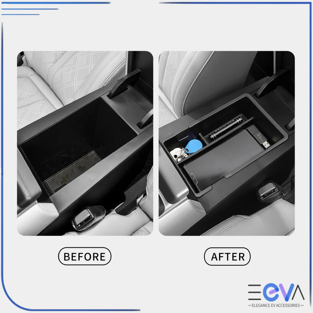 BYD Atto 2 armrest storage box demonstrating improved organisation with a clear before and after comparison from EEVA Store Australia.