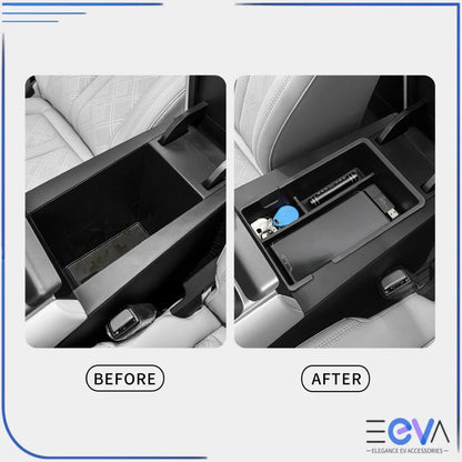 BYD Atto 2 armrest storage box demonstrating improved organisation with a clear before and after comparison from EEVA Store Australia.
